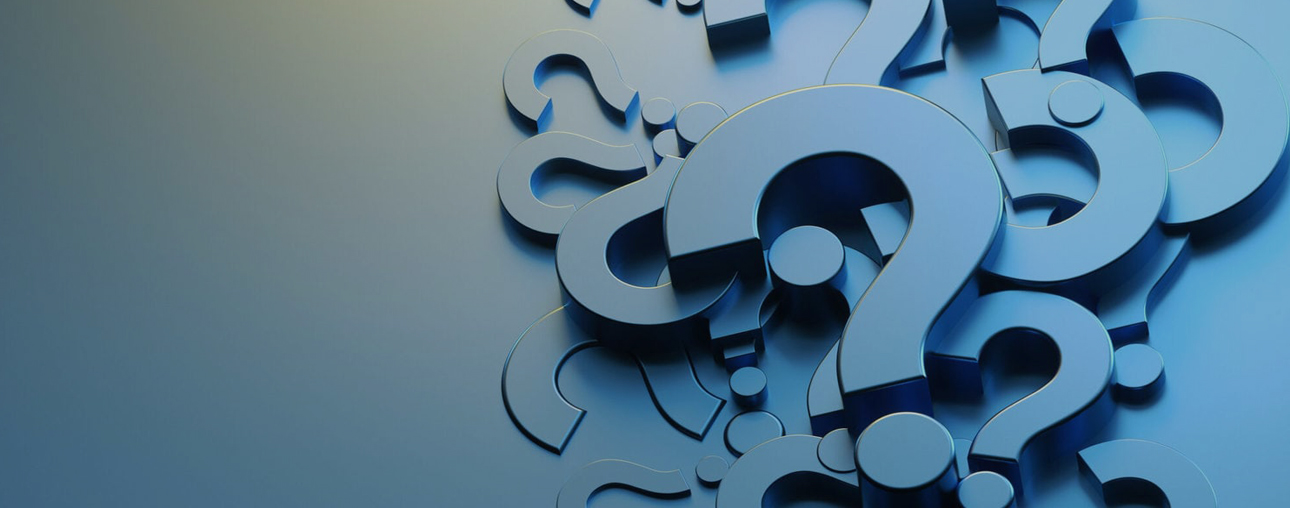 Multiple blue question marks overlapping on gradient background, symbolizing dental questions and inquiries.