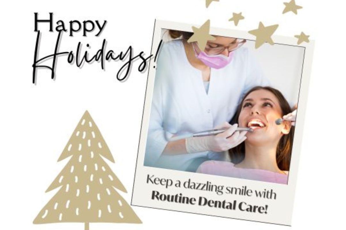 Dentist examining patient's teeth with holiday greeting and dental care message