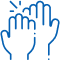 Multiple hands reaching upward together, representing teamwork and dental care collaboration.