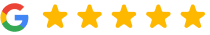 Google logo with five gold stars representing excellent customer ratings for Oceanside Family Dental.
