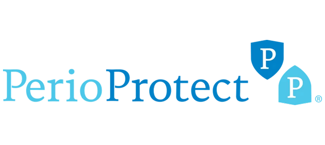 PerioProtect logo featuring blue shield icons with white "P" letters on white background