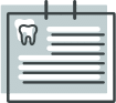 Dental appointment card icon with tooth symbol and lines representing text information.